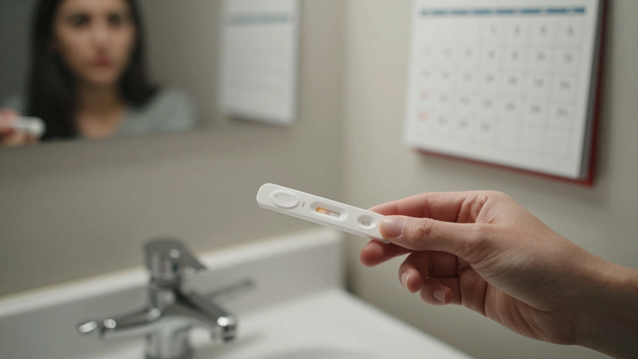 A hand holding a home colorectal screening kit beside a bathroom sink.